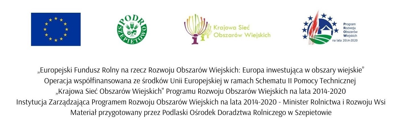 Logotypy kolejno od lewej do prawej: Unii Europejskiej, PODR Szepietowo, KSOW, PROW 214-2020